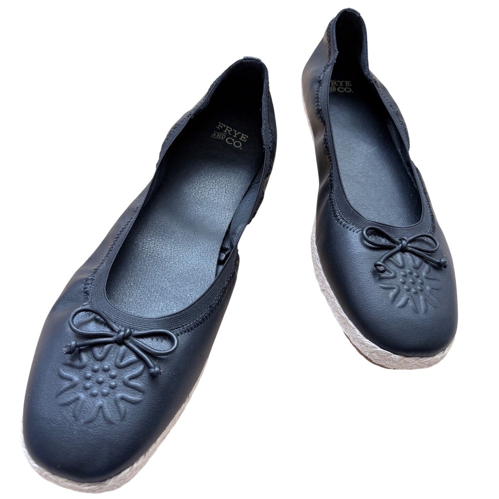 Frye and Co Women BLK Leather Espadrille Flats Floral Bow Detail Whimsy BOHO 11